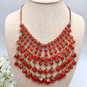 Lucky Brand Red Stone Bib Fringe Waterfall Statement Necklace Gold Tone Revival